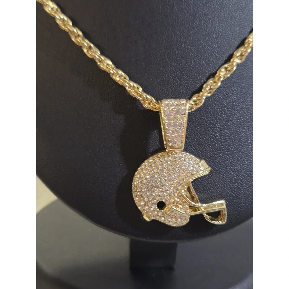 Iced Cz‎ 14k Gold Plated Football Player Helmet Pendant 24 Rope Chain Necklace